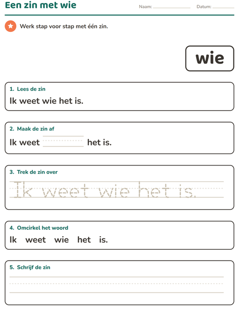 Voorbeeld van het Flitswoorden-werkblad voor kleuterklas