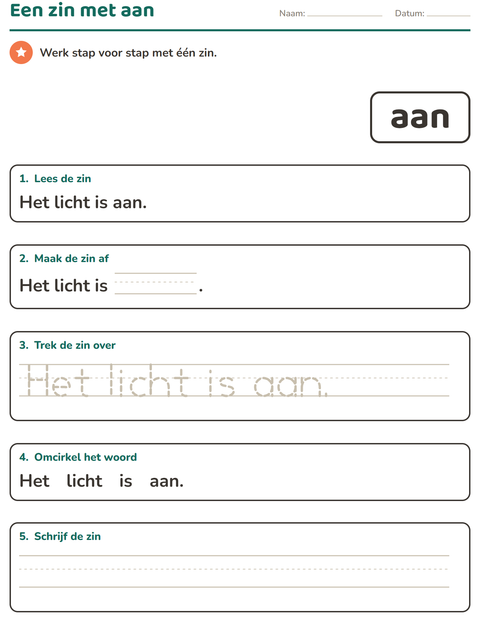 Voorbeeld van het Flitswoorden-werkblad voor kleuterklas