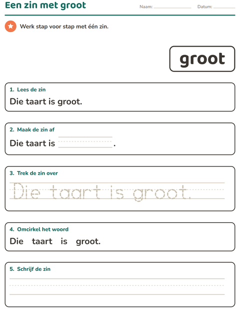 Voorbeeld van het Flitswoorden-werkblad voor kleuterklas