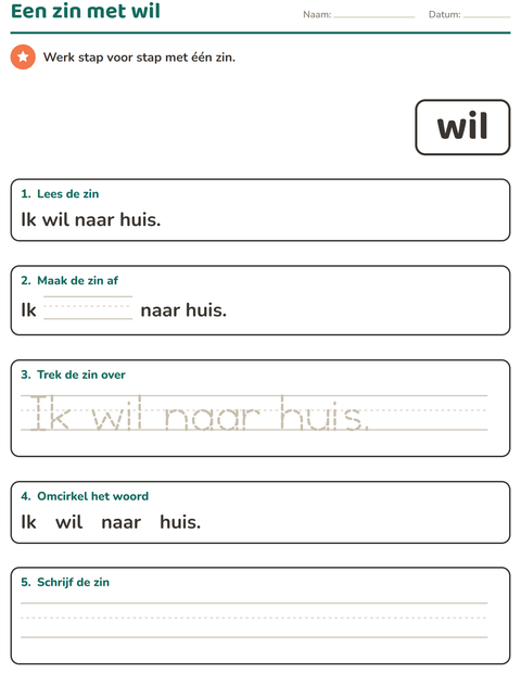 Voorbeeld van het Flitswoorden-werkblad voor kleuterklas