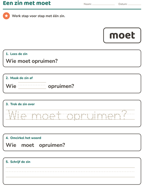 Voorbeeld van het Flitswoorden-werkblad voor kleuterklas