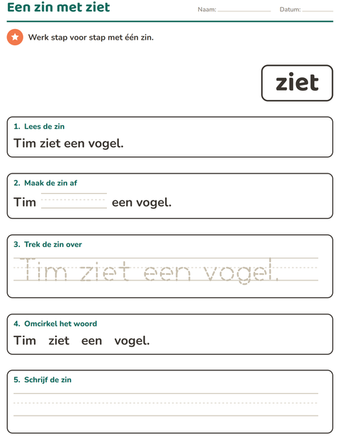 Voorbeeld van het Flitswoorden-werkblad voor kleuterklas