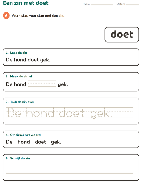 Voorbeeld van het Flitswoorden-werkblad voor kleuterklas