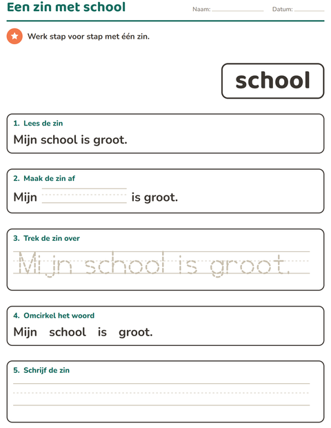 Voorbeeld van het Flitswoorden-werkblad voor kleuterklas