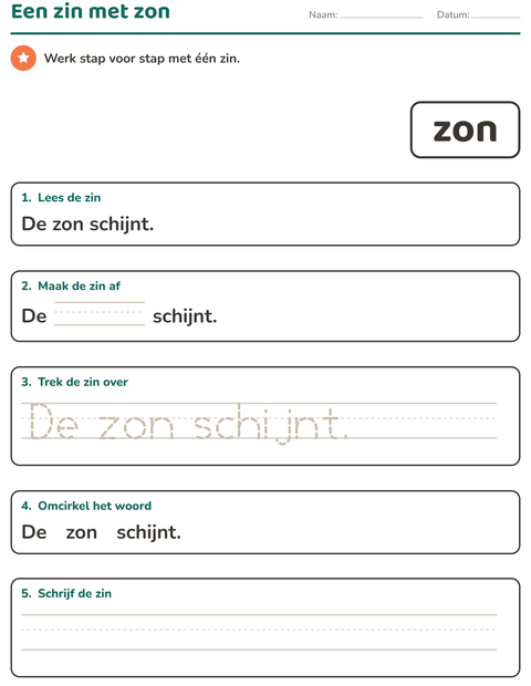 Voorbeeld van het Flitswoorden-werkblad voor kleuterklas