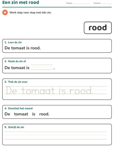Voorbeeld van het Flitswoorden-werkblad voor kleuterklas