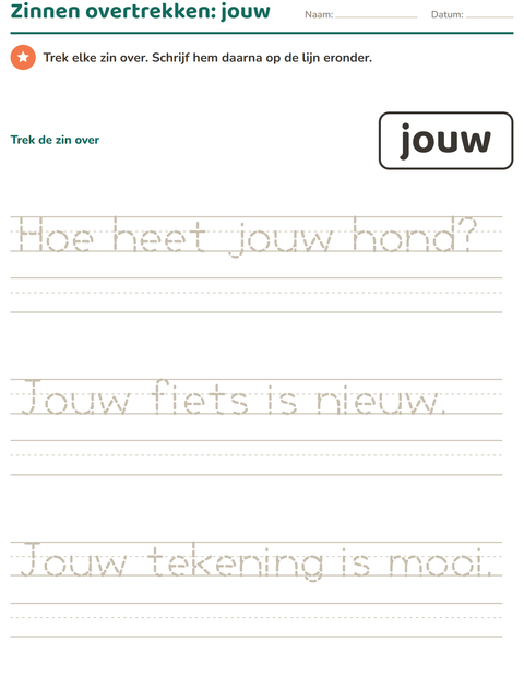 Voorbeeld van het Flitswoorden-werkblad voor kleuterklas