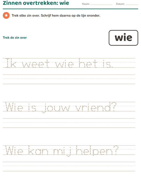 Voorbeeld van het Flitswoorden-werkblad voor kleuterklas