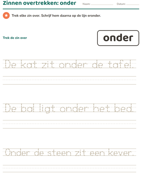 Voorbeeld van het Flitswoorden-werkblad voor kleuterklas
