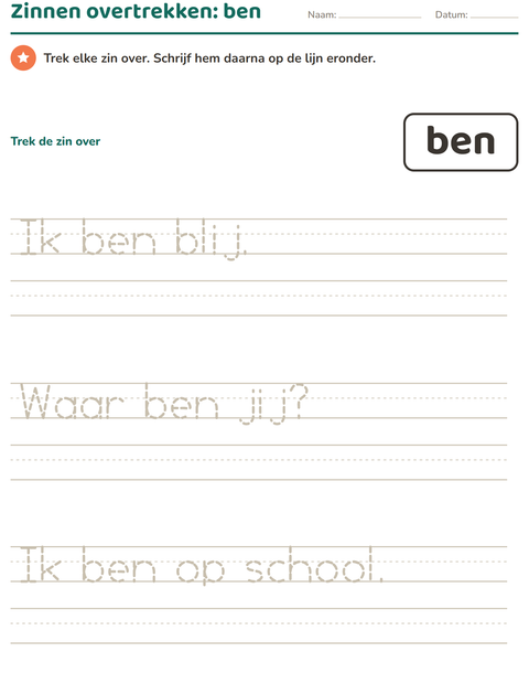Voorbeeld van het Flitswoorden-werkblad voor kleuterklas