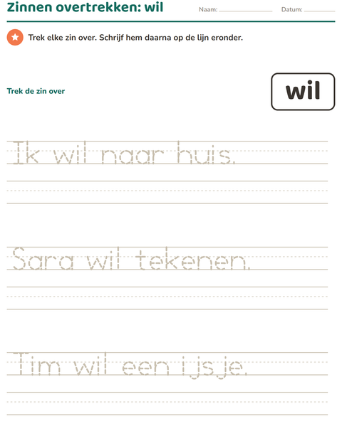 Voorbeeld van het Flitswoorden-werkblad voor kleuterklas