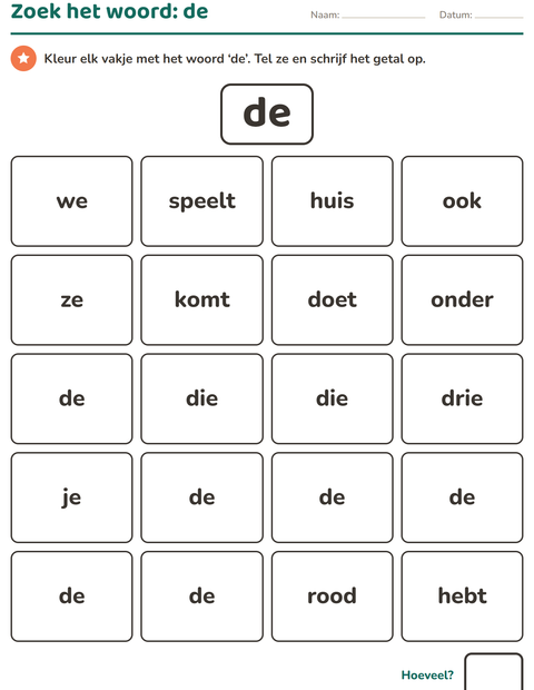Voorbeeld van het Flitswoorden-werkblad voor kleuterklas