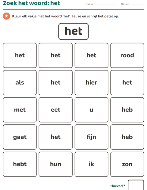 Voorbeeld van het Flitswoorden-werkblad voor kleuterklas