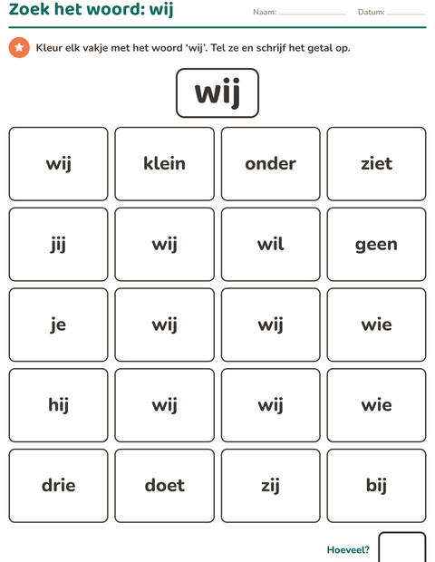 Voorbeeld van het Flitswoorden-werkblad voor kleuterklas