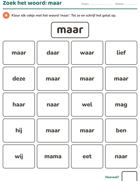 Voorbeeld van het Flitswoorden-werkblad voor kleuterklas