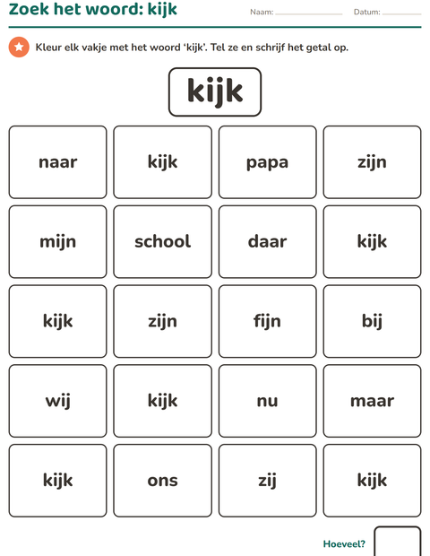Voorbeeld van het Flitswoorden-werkblad voor kleuterklas
