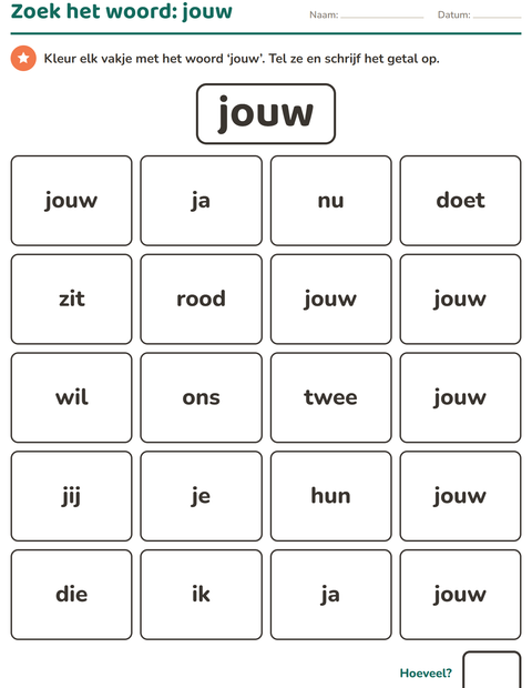 Voorbeeld van het Flitswoorden-werkblad voor kleuterklas