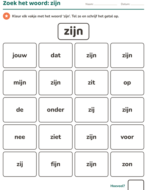 Voorbeeld van het Flitswoorden-werkblad voor kleuterklas