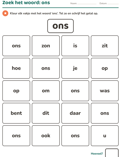 Voorbeeld van het Flitswoorden-werkblad voor kleuterklas
