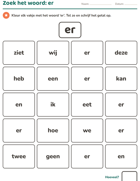 Voorbeeld van het Flitswoorden-werkblad voor kleuterklas