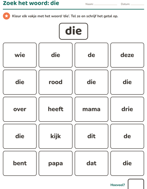 Voorbeeld van het Flitswoorden-werkblad voor kleuterklas