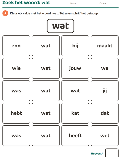 Voorbeeld van het Flitswoorden-werkblad voor kleuterklas