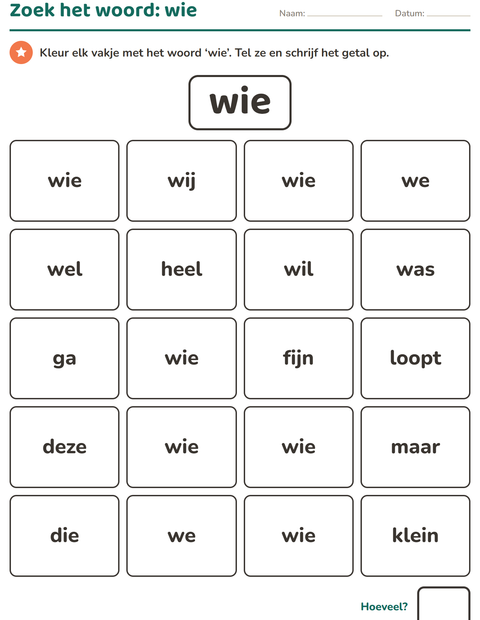 Voorbeeld van het Flitswoorden-werkblad voor kleuterklas