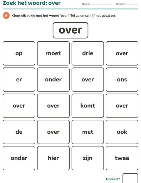 Voorbeeld van het Flitswoorden-werkblad voor kleuterklas