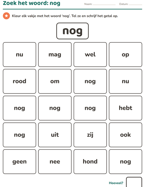 Voorbeeld van het Flitswoorden-werkblad voor kleuterklas