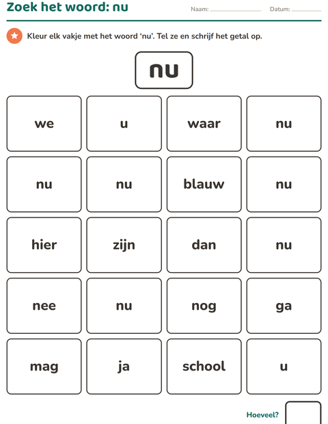 Voorbeeld van het Flitswoorden-werkblad voor kleuterklas