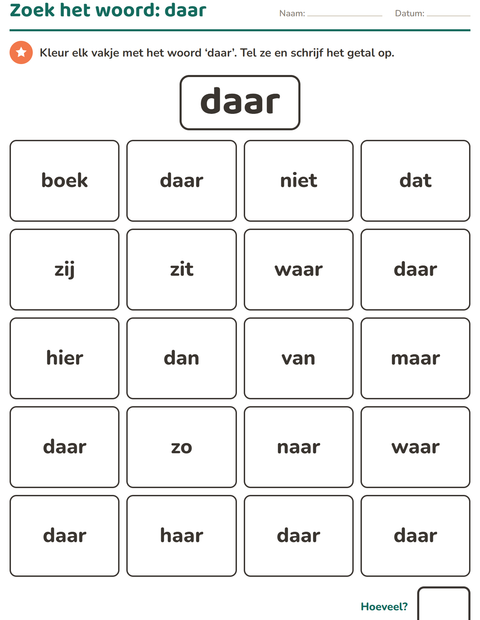 Voorbeeld van het Flitswoorden-werkblad voor kleuterklas
