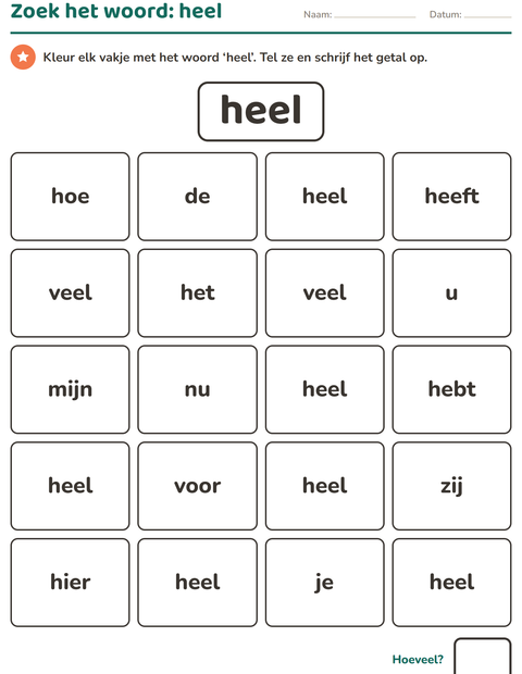 Voorbeeld van het Flitswoorden-werkblad voor kleuterklas
