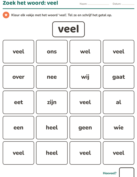 Voorbeeld van het Flitswoorden-werkblad voor kleuterklas
