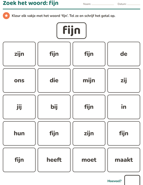 Voorbeeld van het Flitswoorden-werkblad voor kleuterklas