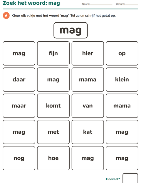 Voorbeeld van het Flitswoorden-werkblad voor kleuterklas