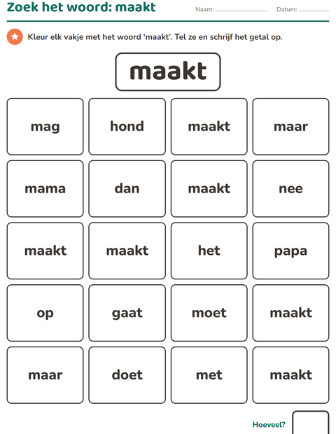 Voorbeeld van het Flitswoorden-werkblad voor kleuterklas