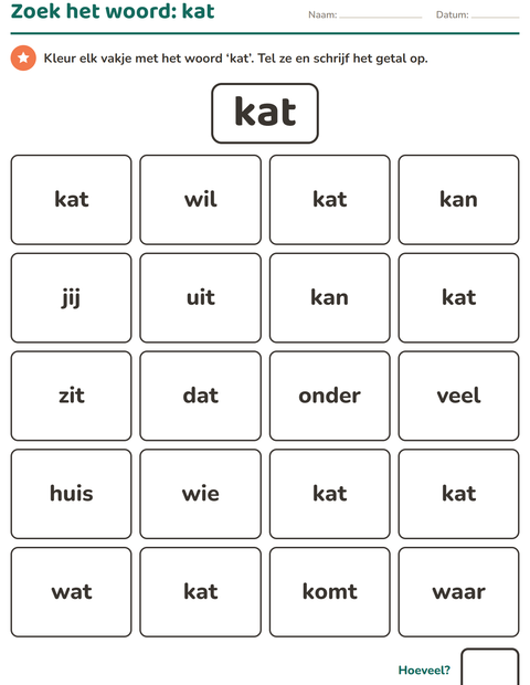 Voorbeeld van het Flitswoorden-werkblad voor kleuterklas