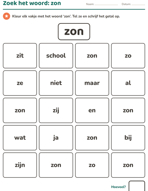 Voorbeeld van het Flitswoorden-werkblad voor kleuterklas