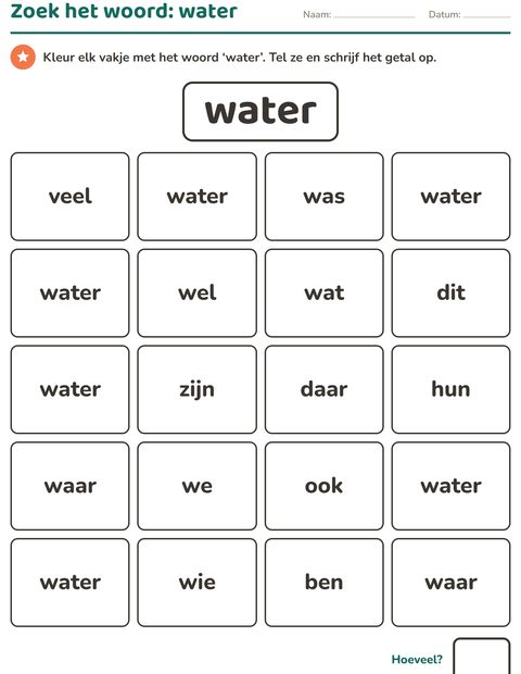 Voorbeeld van het Flitswoorden-werkblad voor kleuterklas
