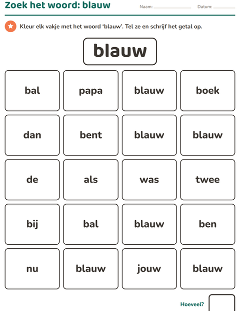 Voorbeeld van het Flitswoorden-werkblad voor kleuterklas