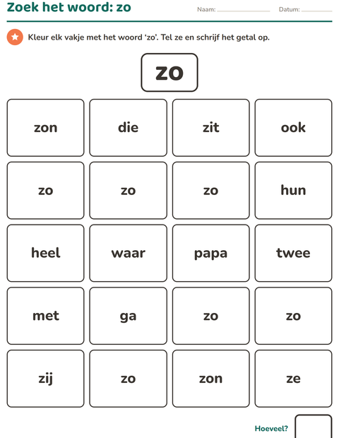 Voorbeeld van het Flitswoorden-werkblad voor kleuterklas