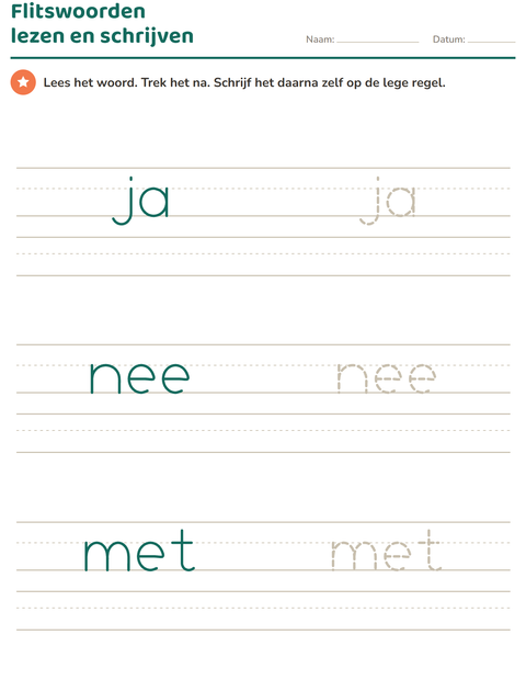 Voorbeeld van het Flitswoorden-werkblad voor kleuterklas