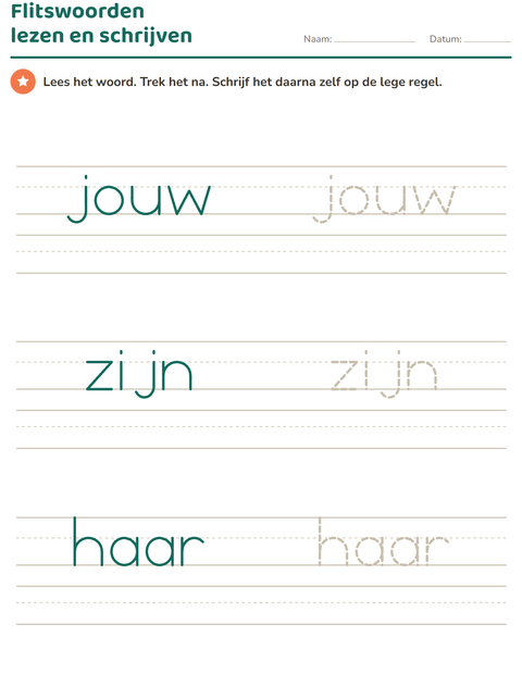 Voorbeeld van het Flitswoorden-werkblad voor kleuterklas
