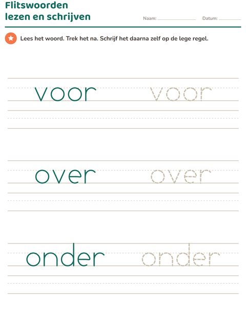 Voorbeeld van het Flitswoorden-werkblad voor kleuterklas
