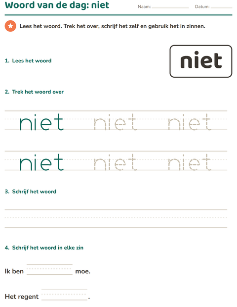 Voorbeeld van het Flitswoorden-werkblad voor kleuterklas