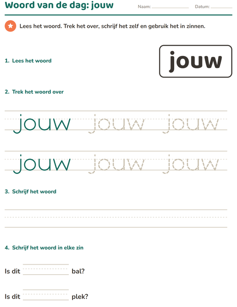 Voorbeeld van het Flitswoorden-werkblad voor kleuterklas