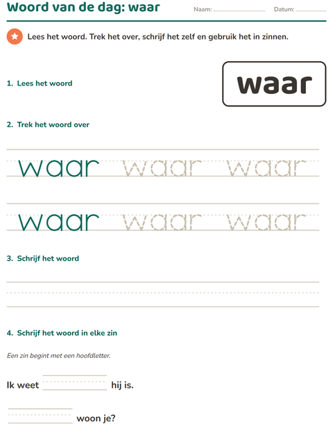 Voorbeeld van het Flitswoorden-werkblad voor kleuterklas