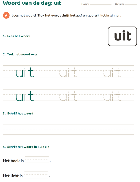 Voorbeeld van het Flitswoorden-werkblad voor kleuterklas