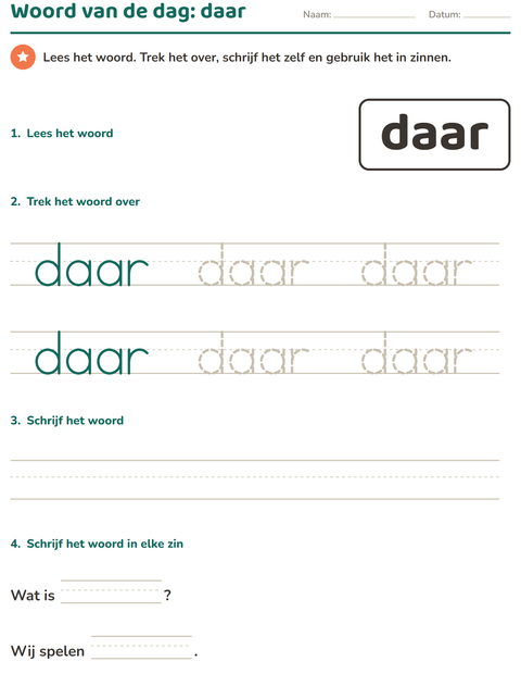 Voorbeeld van het Flitswoorden-werkblad voor kleuterklas