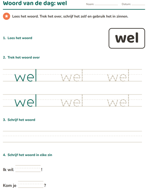 Voorbeeld van het Flitswoorden-werkblad voor kleuterklas
